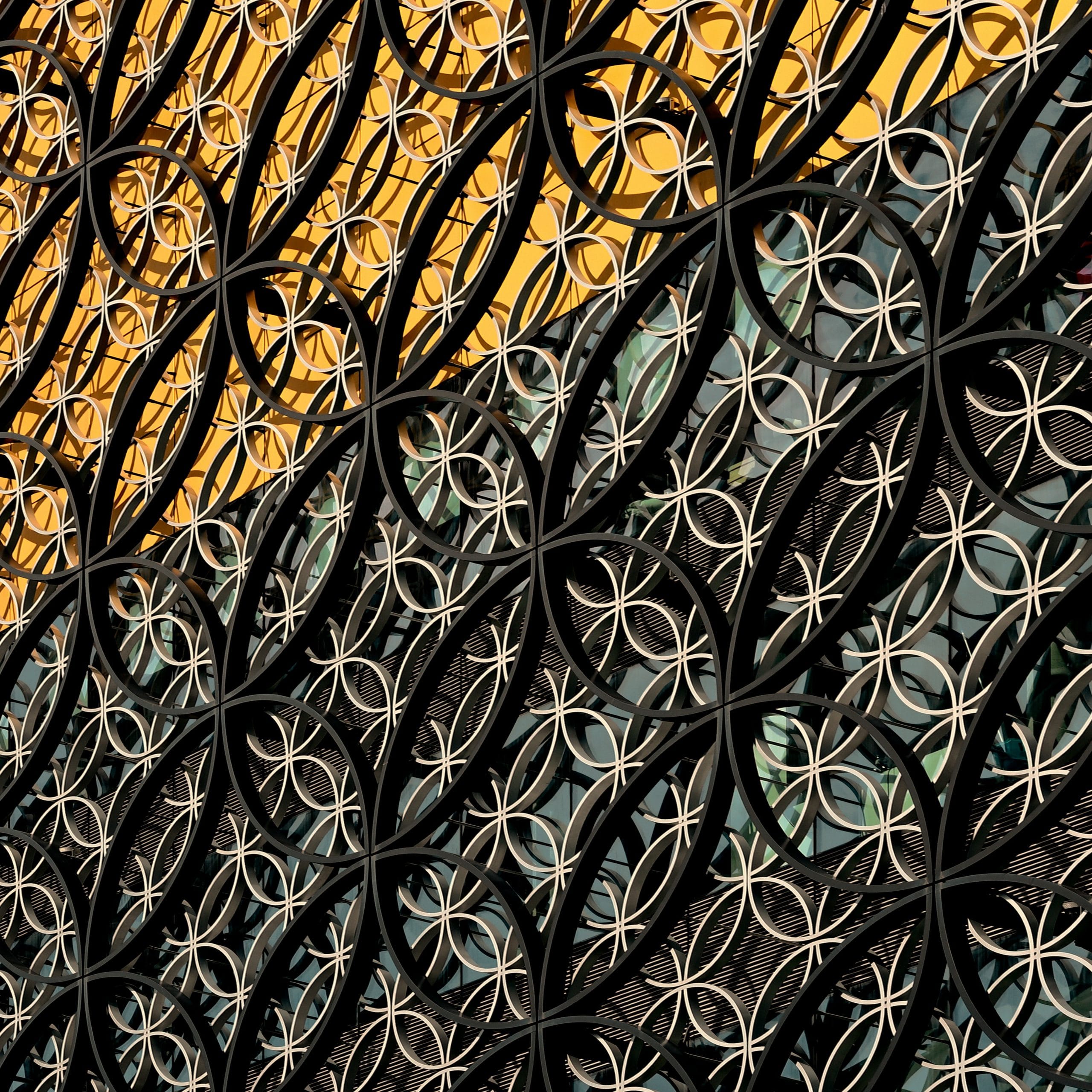 a close up of a metal fence with a building in the background