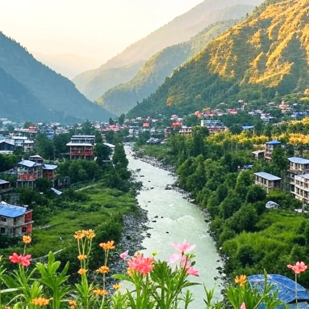 a river running through a valley with buildings and mountains